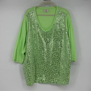 Quacker Factory Lime Green Sequin V-Neck 3/4 Sleeve Top Plus Size Sparkle‎